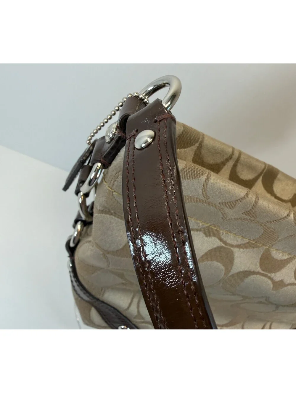 Coach | Signature Jacquard Patent Leather Shoulder Bag | Brown Tan